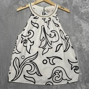 Rich & Famous Tank Top Womens Medium White Brown Paisley Halter Beaded Trim
